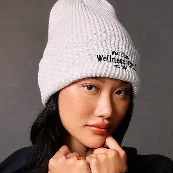 ANTHROPOLOGIE Beanie Hat Wellness Club Daily Practice Gray Embroidered Ribbed - Picture 1 of 13